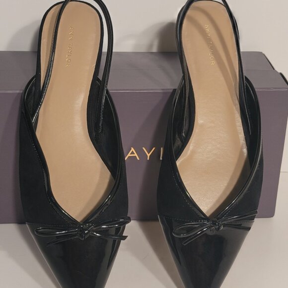 Ann Taylor Shoe Black Patent/Suede Pointed Toe Slingback Vanna - Picture 2 of 10